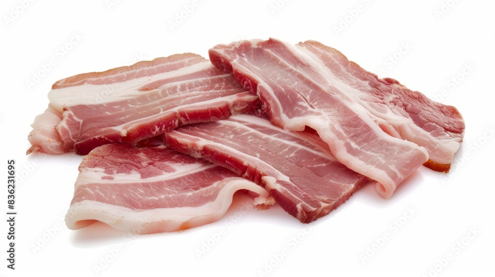 Raw bacon slices isolated on white. Fresh raw bacon slices isolated on white background, perfect for breakfast or cooking recipes. Raw bacon slices isolated on white. Fresh raw bacon slices isolated on white background, perfect for breakfast or cooking recipes.