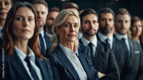 A confident team of professional men and women in business attire posing with serious expressions.
