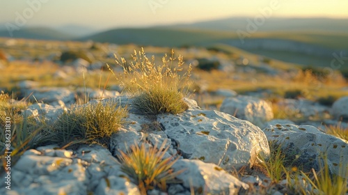 Golden hour light bathing a mountain summit with tufts of grass peeking from rocky terrain.