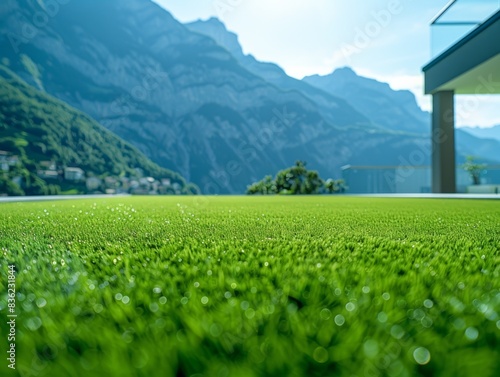 Close-up of dewy green grass with blurred Swiss mountains and a building in the background on a sunny day. photo