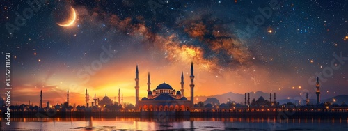 Fantastic Mosque Architecture Under Crescent Moon and Starry Milky Way: Path Crossing City for Islamic New Year Celebration