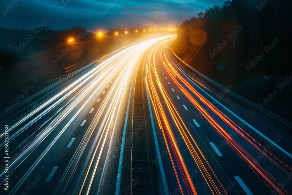 Obraz premium A Nighttime Highway, Streaks of Light Painting the Asphalt