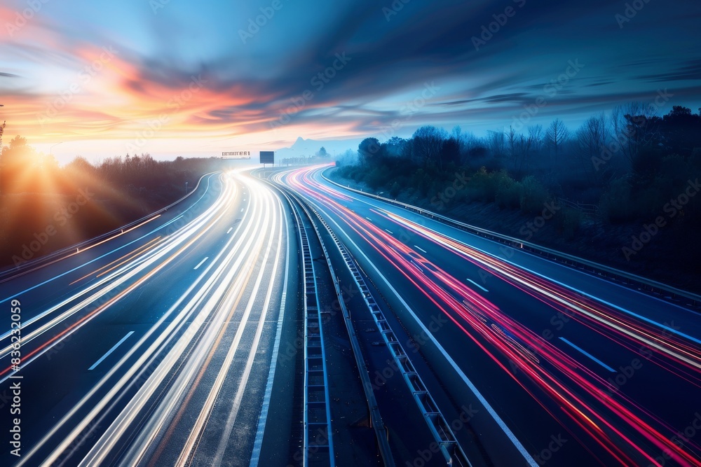 A Symphony of Speed: Lights Dancing Across the Highway at Sunset A Symphony of Speed: Lights Dancing Across the Highway at Sunset