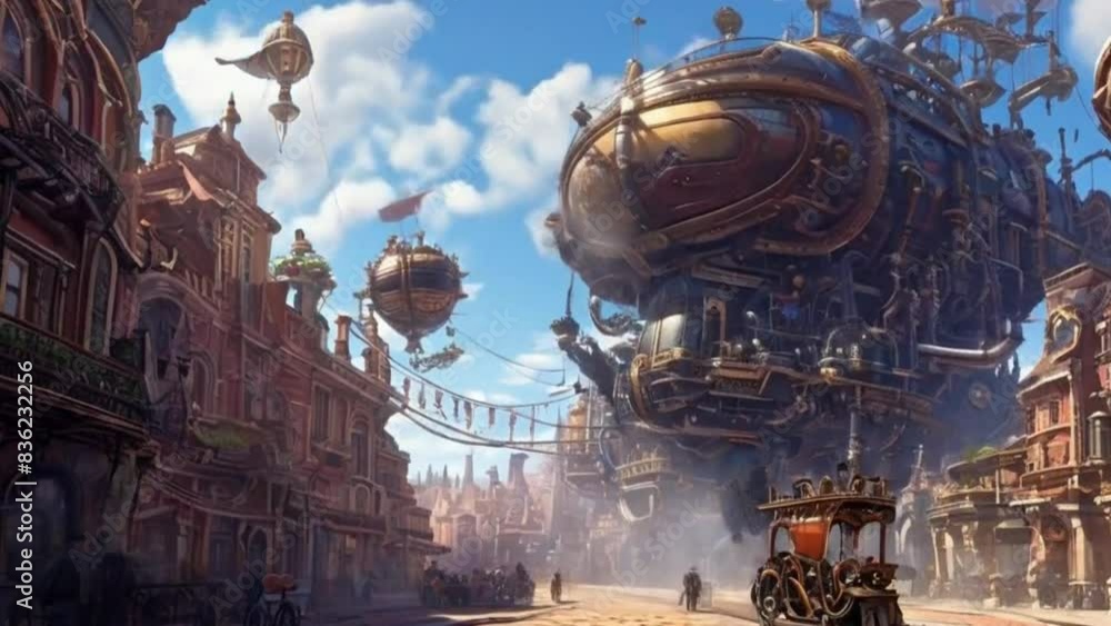 Imagine an animation set in a steampunk city. The scene features airships, clockwork robots, and Victorian-style buildings. The protagonist navigates through bustling streets and mechanical wonders Imagine an animation set in a steampunk city. The scene features airships, clockwork robots, and Victorian-style buildings. The protagonist navigates through bustling streets and mechanical wonders