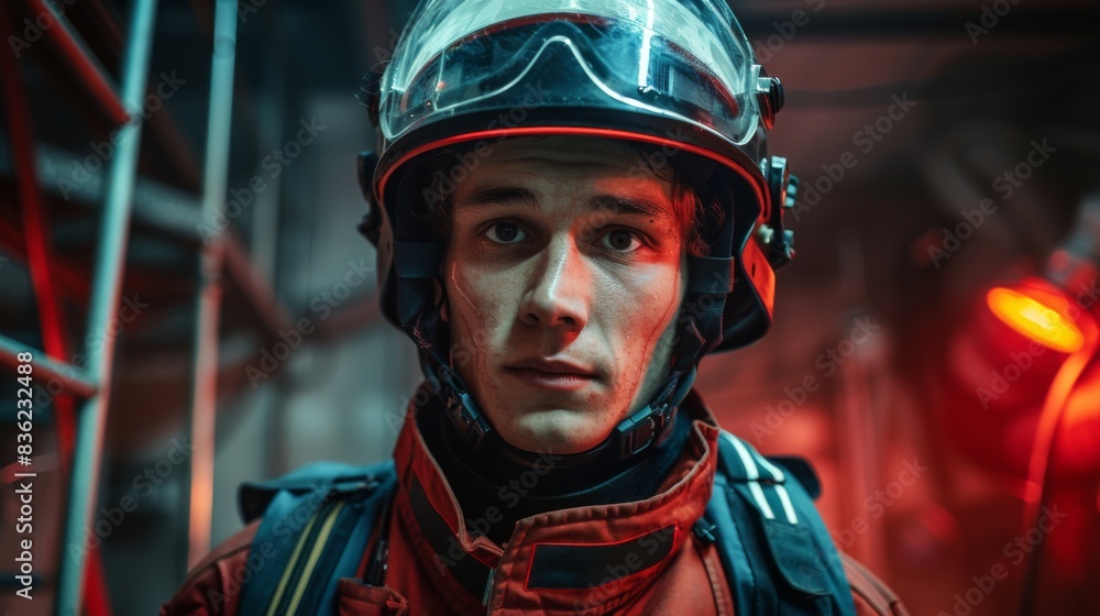 Portrait of a focused male firefighter in uniform with helmet and a blurred background. Portrait of a focused male firefighter in uniform with helmet and a blurred background.