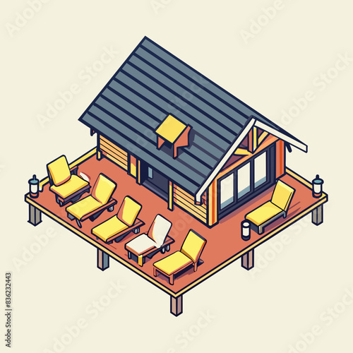 A long log house with a terrace and sun loungers 1 floor isometric view from above