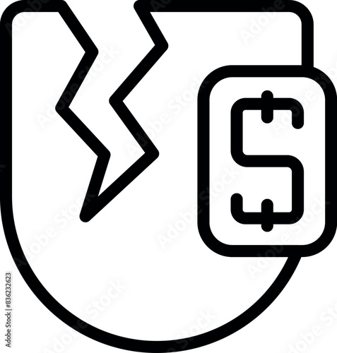 Black and white vector of a cracked shield with a dollar sign, symbolizing financial security breach