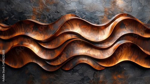 Abstract copper wave sculpture on a black stone wall.
