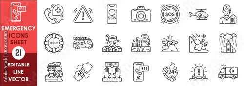 A set of line icons related to emergency and rescue. Emergency, disaster, crime, support, crisis, ambulance, fire, warning, siren, help and so on. Vector outline icons set.