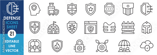 A set of line icons related to defense and security. Security, shield, door, virus, cloud, police, vest, community and so on. Vector outline icons set.