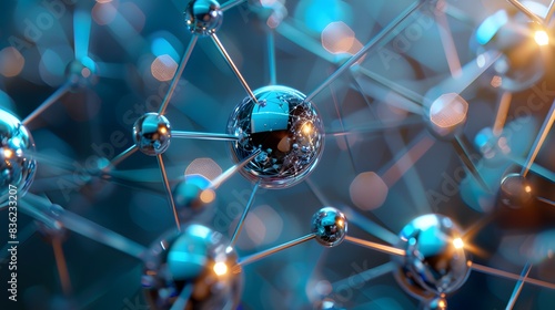 atomic pattern with metallic textures and light reflections, copy space, atomic visualization, futuristic, blend mode, science exhibit backdrop