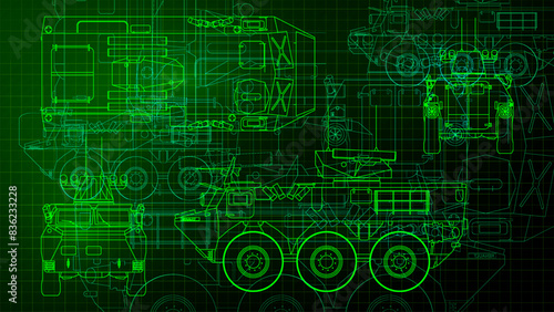 Line art sketch wallpaper of military vehicle series. Drafting art. Lines Drawing of Armored Personnel Carrier model.