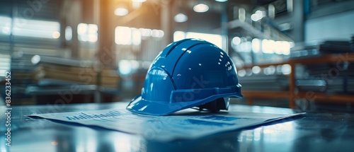 Close-up of a blue safety helmet on architectural blueprints in a modern industrial workspace, illuminated by natural light.