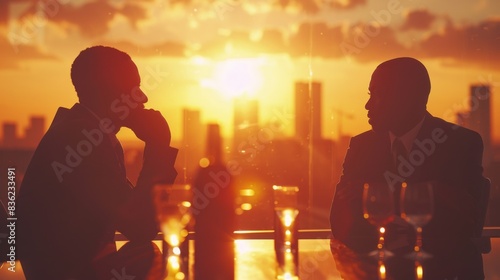 Silhouettes of multiracial business colleagues discussing in an office with a cityscape and sunset in the background.