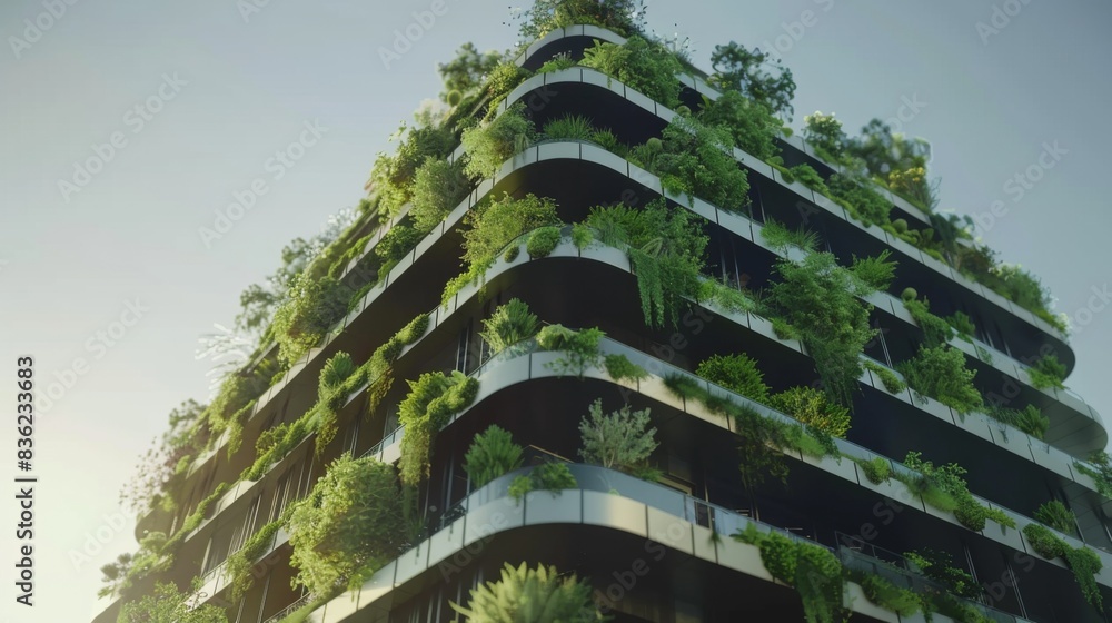 A modern office building in Stuttgart with lush greenery covering its balconies under a clear sky. A modern office building in Stuttgart with lush greenery covering its balconies under a clear sky.