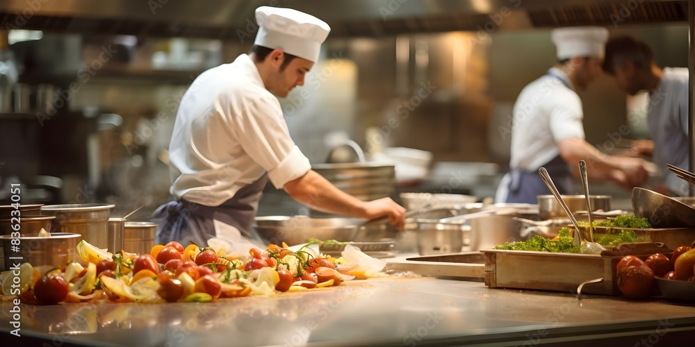 Chefs hard at work in a busy restaurant kitchen with blurred background. Concept Busy Kitchen Scenes, Culinary Creativity, Chef's Expertise, Restaurant Cooking, Culinary Innovation Chefs hard at work in a busy restaurant kitchen with blurred background. Concept Busy Kitchen Scenes, Culinary Creativity, Chef's Expertise, Restaurant Cooking, Culinary Innovation