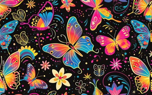 seamless pattern with bright multicolored butterflies and flowers on black neon rainbow background