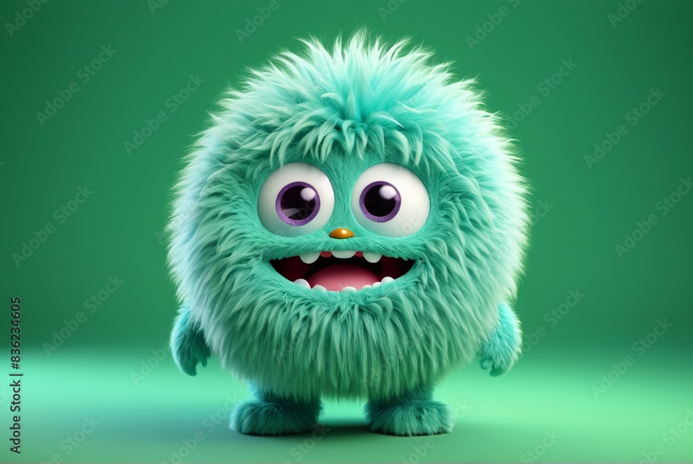 Fototapeta premium Cute fluffy green monster isolated on clear green background. Funny and furry little yeti. Happy monster character. Dental clinic for children concept. 
