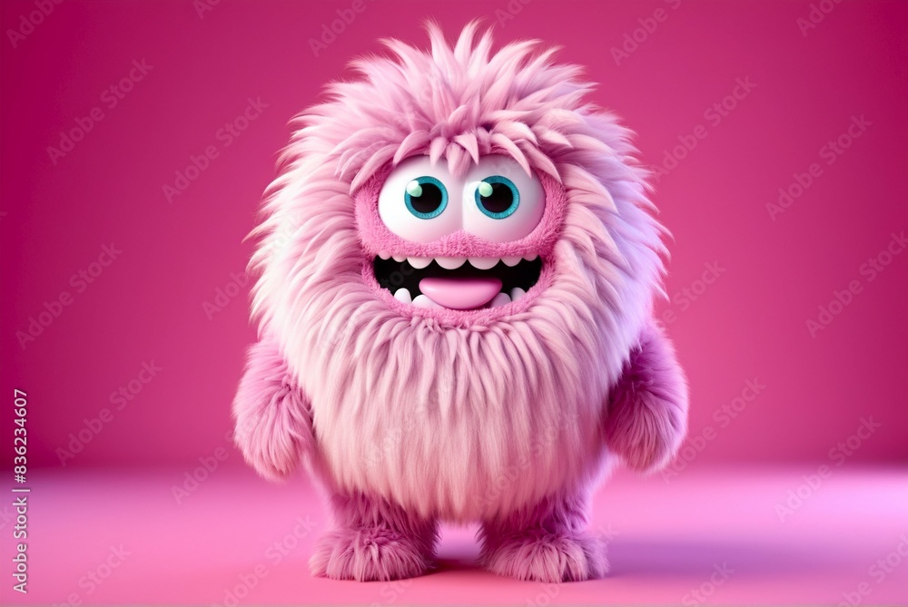 Obraz premium Cute fluffy pink monster isolated on clear pink background. Funny and furry little yeti. Happy monster character. Dental clinic for children concept.