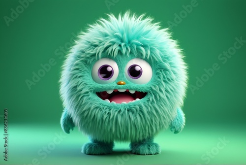 Cute fluffy green monster isolated on clear green background. Funny and furry little yeti. Happy monster character. Dental clinic for children concept. 
