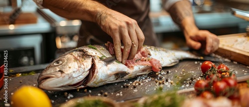 Chef preparing fish with fresh ingredients on a kitchen counter, showcasing culinary skills and food preparation in a restaurant setting.