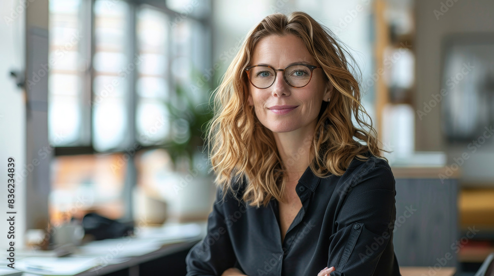Confident professional woman with glasses in modern office setting, smiling and looking at camera. Natural light brightens the workspace. Confident professional woman with glasses in modern office setting, smiling and looking at camera. Natural light brightens the workspace.