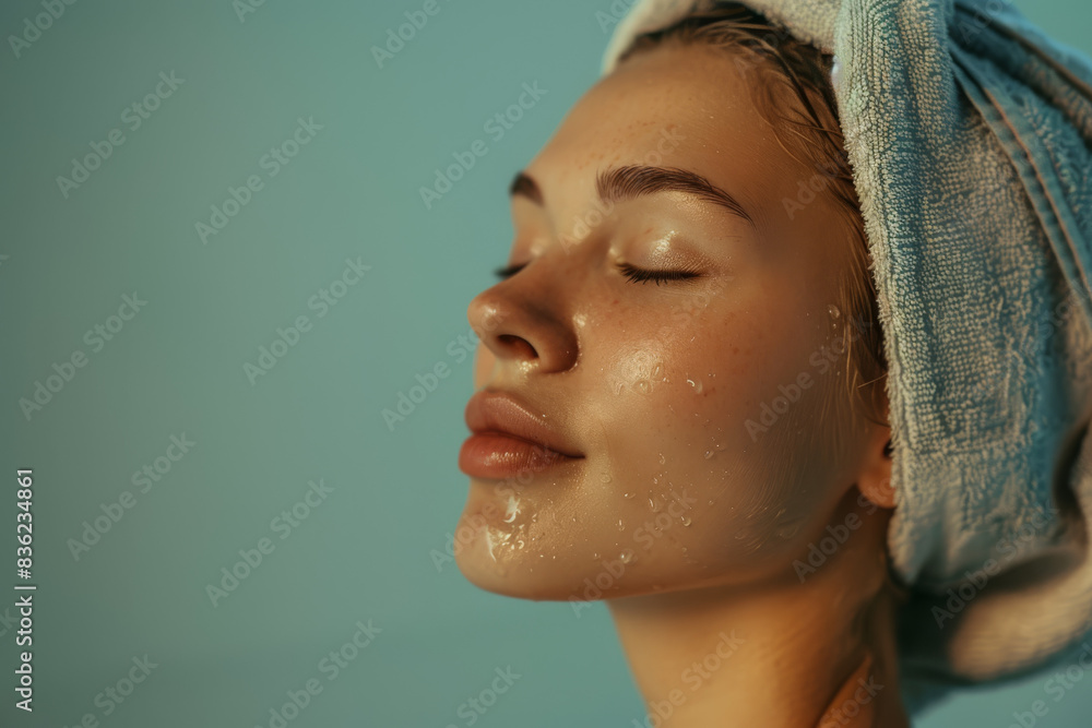 A close up of a woman after having a shower with her eyes closed looking to a side A close up of a woman after having a shower with her eyes closed looking to a side