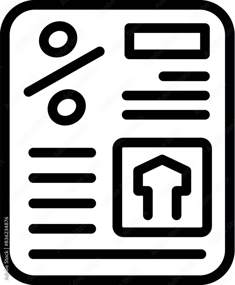 Black outline vector icon of a discount coupon with percentage sign and home symbol Black outline vector icon of a discount coupon with percentage sign and home symbol