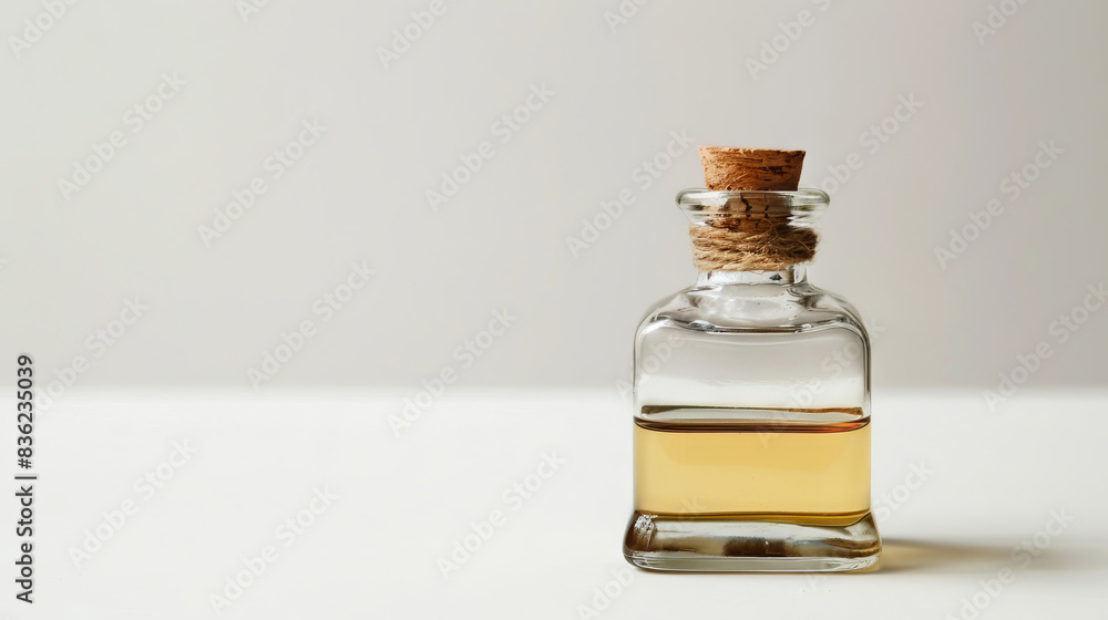 Glass bottle with cork and liquid on white background. Minimalist image of a glass bottle with a cork top, partially filled with a golden liquid, against a clean white background. Glass bottle with cork and liquid on white background. Minimalist image of a glass bottle with a cork top, partially filled with a golden liquid, against a clean white background.