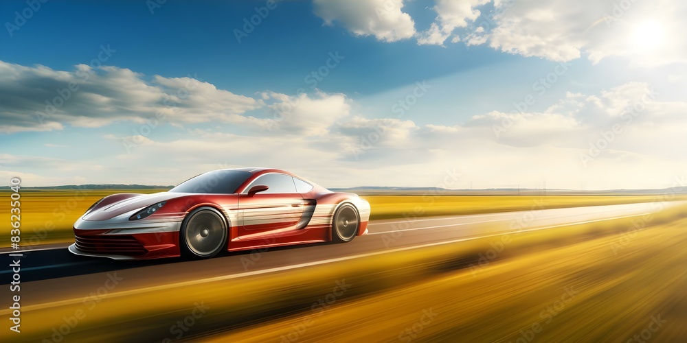 Fast modern car speeding through countryside with motion blur effect. Concept Fast Cars, Motion Blur, Countryside Landscape, Speed Effect, Modern Vehicles