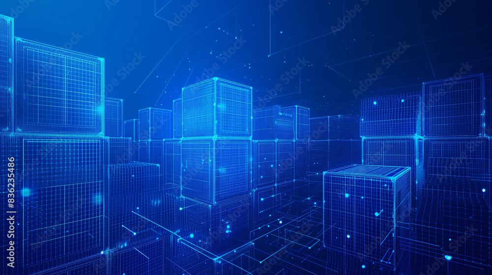 digital wireframe blueprint, cargo container stacks in shipping port, blue background digital wireframe blueprint, cargo container stacks in shipping port, blue background