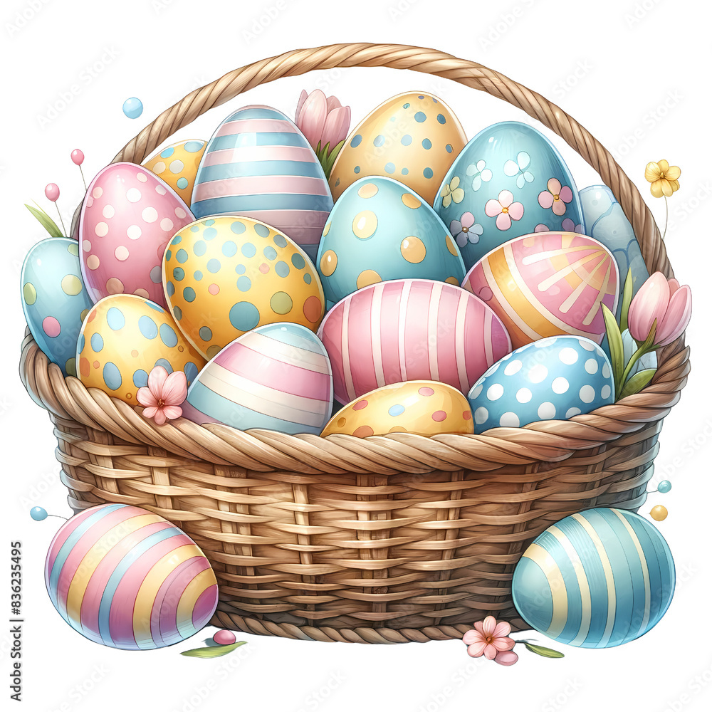 Fototapeta premium Brightly colored Easter eggs in a wicker basket decorated with pastel patterns and spring flowers, perfect for a festive celebration.