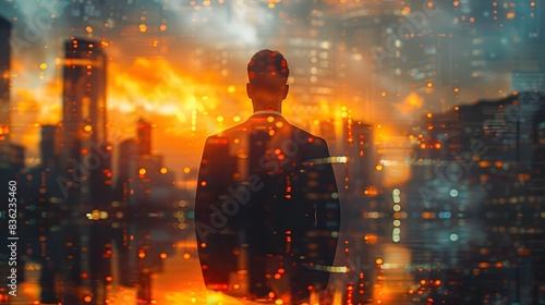 Silhouette of Man Against Fiery Cityscape