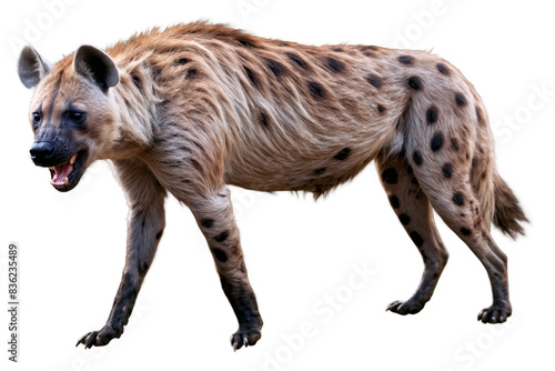 The image of a spotted hyena features it standing isolated against a transparent, white background as a png photo