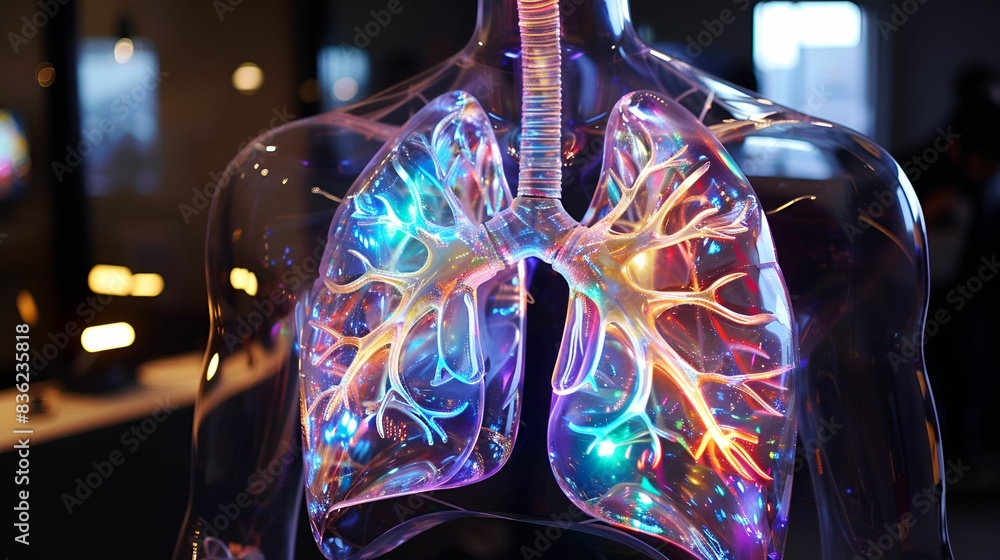 A captivating depiction of the respiratory system with glowing and illuminated lungs, highlighting the intricate details of body organs with vibrant colors and reflective light. A captivating depiction of the respiratory system with glowing and illuminated lungs, highlighting the intricate details of body organs with vibrant colors and reflective light.