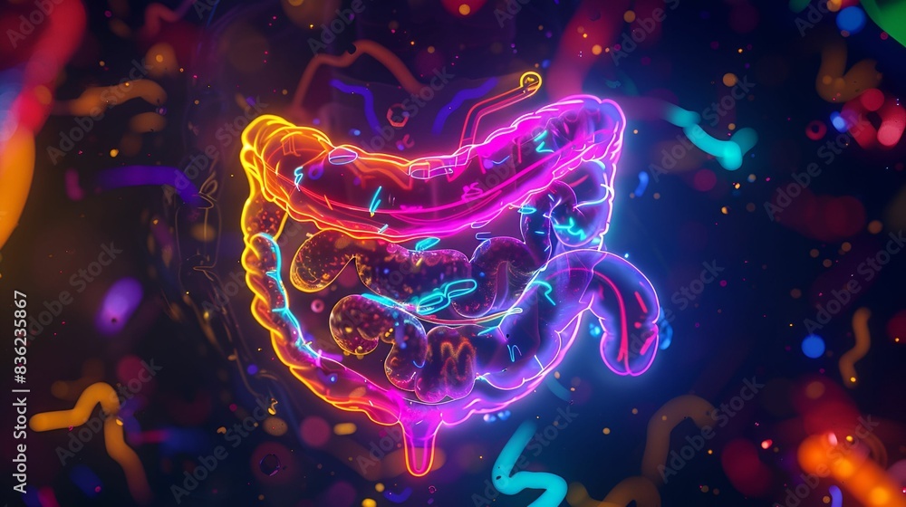 A captivating neon illustration of body organs, emphasizing the stomach and intestines, showcasing the vibrant and energetic nature of human anatomy with glowing colors. A captivating neon illustration of body organs, emphasizing the stomach and intestines, showcasing the vibrant and energetic nature of human anatomy with glowing colors.