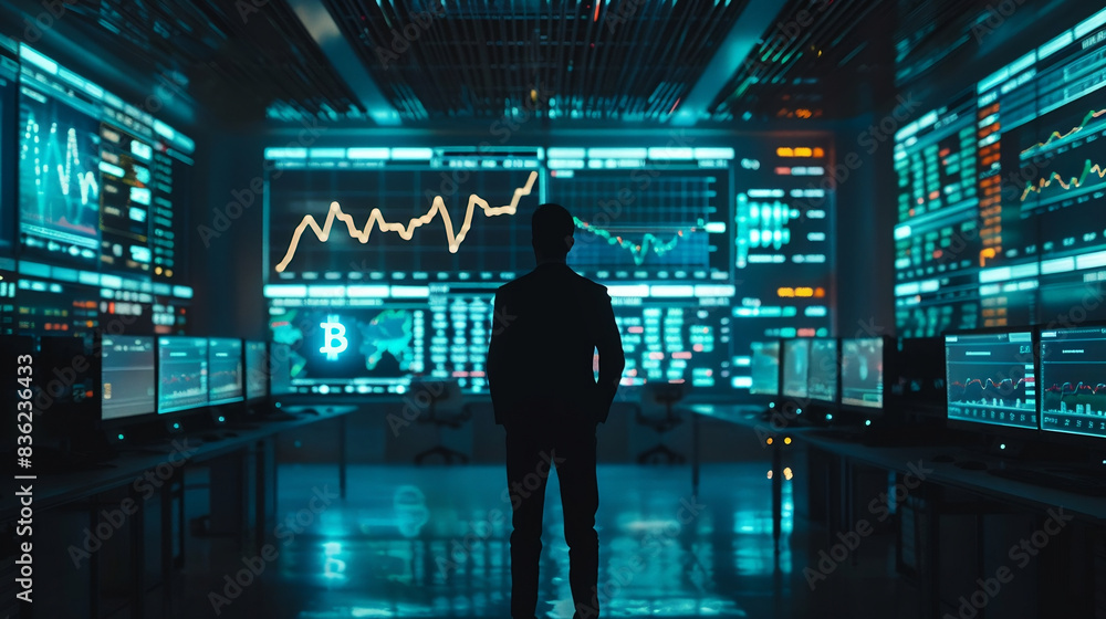 A trader stands in a high-tech room, analyzing cryptocurrency market data on multiple large screens, emphasizing finance and technology. A trader stands in a high-tech room, analyzing cryptocurrency market data on multiple large screens, emphasizing finance and technology.
