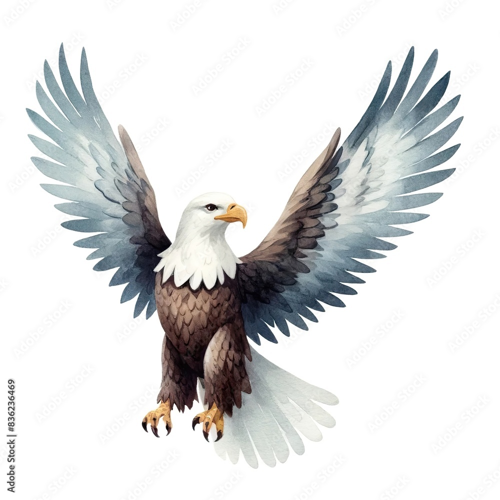 Obraz premium A majestic bald eagle soaring. Watercolor illustration.