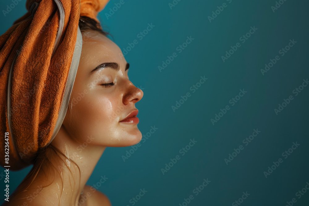 A close up of a woman after having a shower with her eyes closed looking to a side A close up of a woman after having a shower with her eyes closed looking to a side