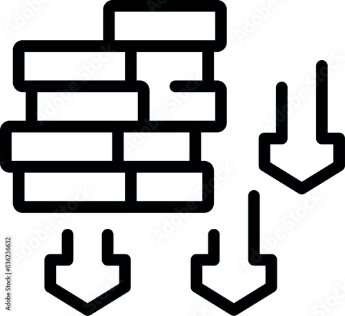 Simple black outline icon of a brick wall with arrows pointing down, indicating decrease or collapse
