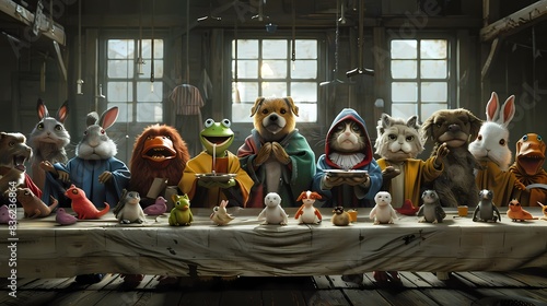 The image is whimsical and imaginative, featuring a group of anthropomorphic animals seated at a long table. photo
