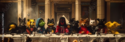 This panoramic image shows a group of anthropomorphic animals seated at a long table. The setting maintains the classic elements of the original painting, each dressed in unique, colorful clothing. photo