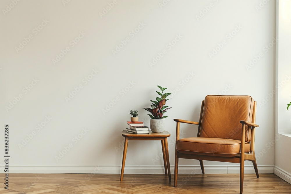 Minimalist living room with a clean and cozy aesthetic, featuring a brown leather armchair