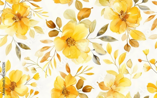 seamless yellow floral water color pattern on white background © Saad