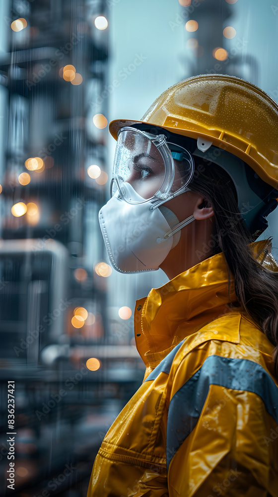 Photo realistic representation of an Industrial Hygienist with safety equipment, showcasing importance of health and safety in the petrochemical industry. Perfect for corporate and Photo realistic representation of an Industrial Hygienist with safety equipment, showcasing importance of health and safety in the petrochemical industry. Perfect for corporate and