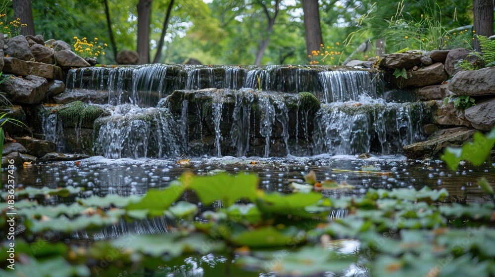 Obraz premium Small waterfall in a lush green forest garden with rocks and flowing water surrounded by yellow flowers and pond lilies nature landscape
