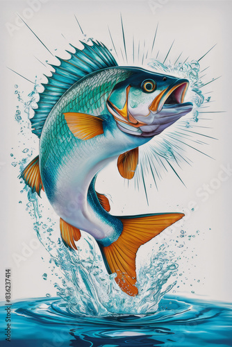 Dynamic Vibrant Bass Fish Splashing in Water - Captivating Nature Wildlife Scene Illustration © Friedbert