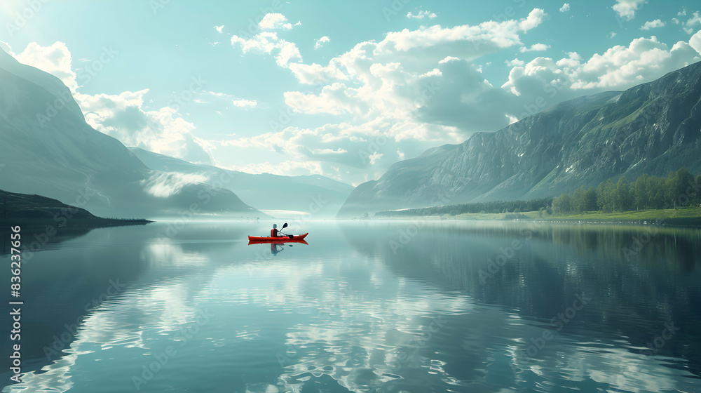 Tranquil Kayaker Profile on Peaceful Lake Outdoor Lifestyle Concept for Nature Ads in Photo Stock Tranquil Kayaker Profile on Peaceful Lake Outdoor Lifestyle Concept for Nature Ads in Photo Stock