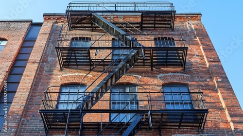 A tall brick building with a black fire escape ladder