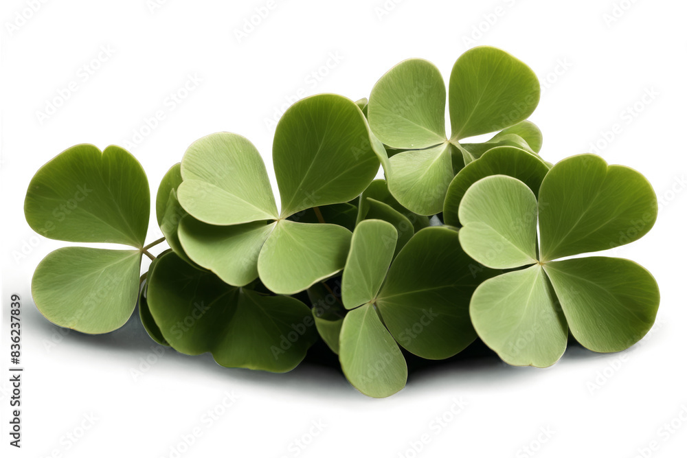 A lush bundle of green clover leaves presented on a transparent, white background, an ideal png for St Patrick's Day A lush bundle of green clover leaves presented on a transparent, white background, an ideal png for St Patrick's Day